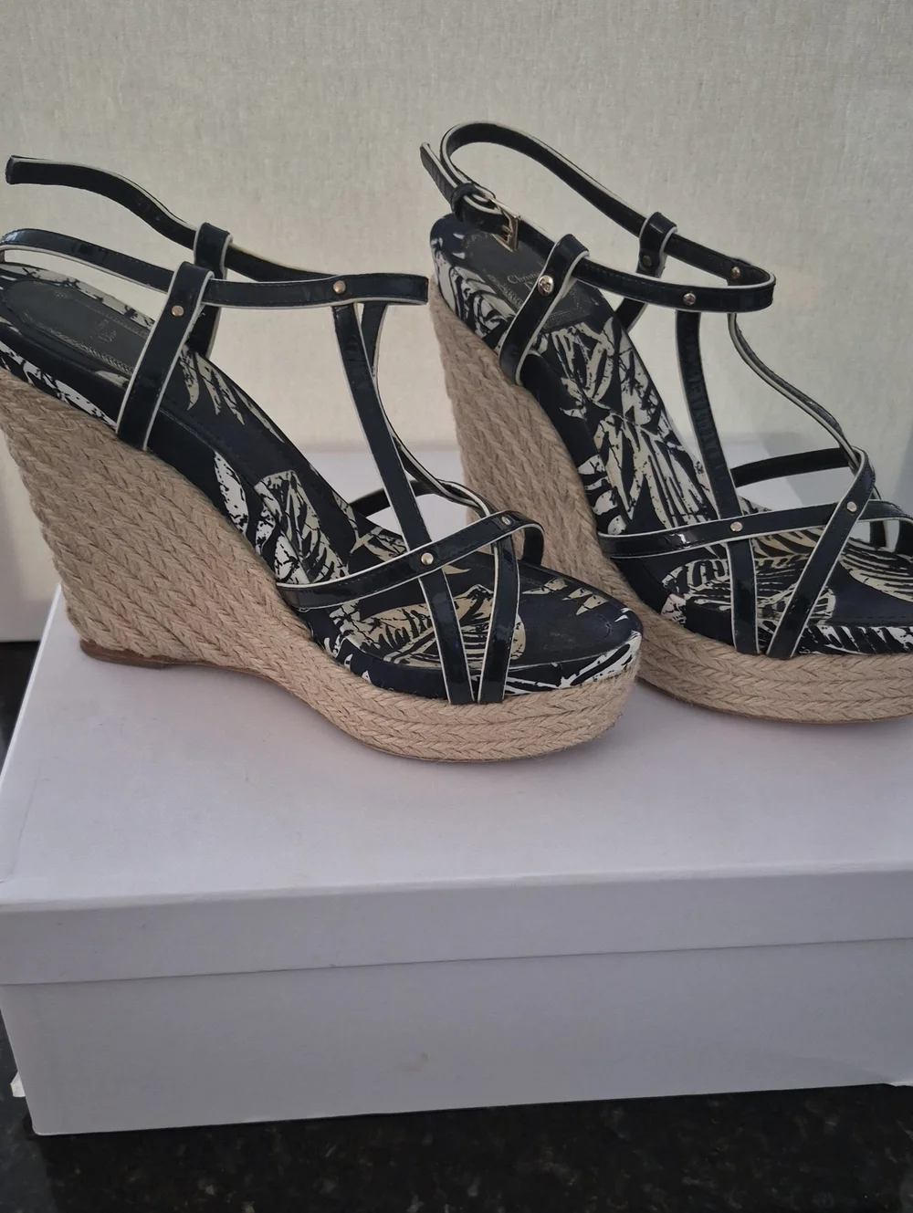 Dior Black Strappy Espadrille Wedge Sandals with Natural Rope Platform